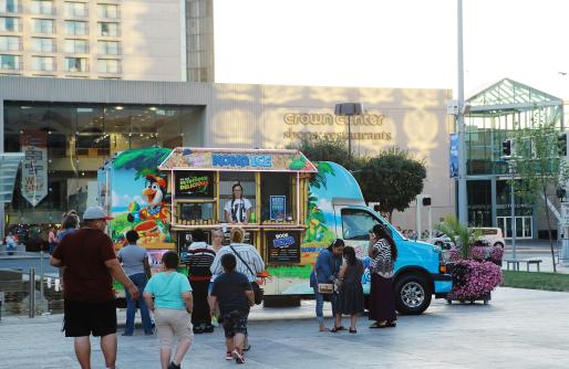 Kona Ice Truck with Customers On Crown Center Square
