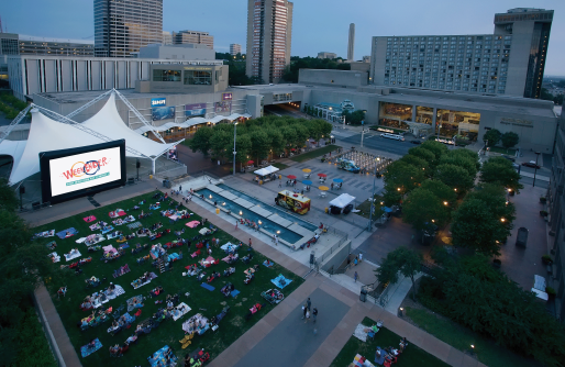 Crown Center Square with Large Movie Screen, attendees in blankets and chairs and food trucks on lower fountain level