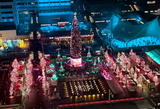 Crown Center Square from above showing Mayor's Tree, Lighted small treeys, light walk and more