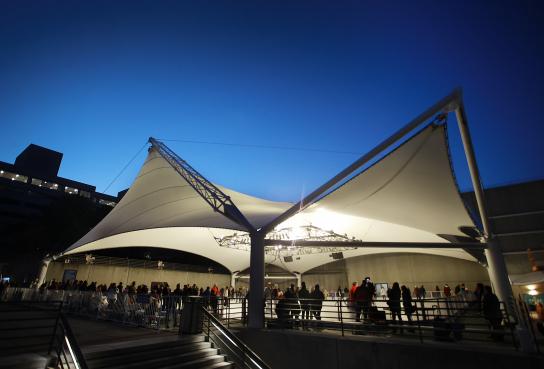 Crown Center Ice Terrace Tent with skaters at dawn