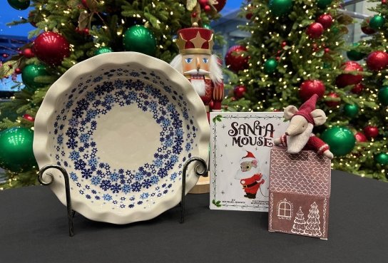 Polish Pottery Snowflake Dish, Nutcracker, Santa Mouse book and Character in Box like a house in front of Christmas Trees