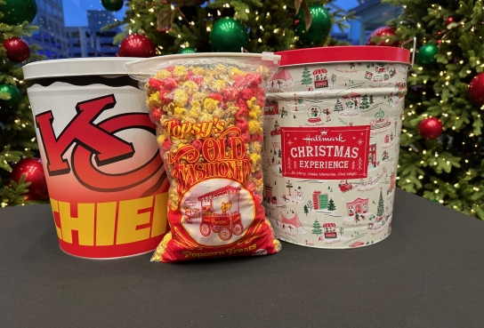 Chiefs Tin, Bag of multi-flavor popcorn, Hallmark Christmas Experience Tin