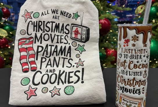 White Towel with Christmas Movie Sentiment and Thermal Hoto Cocoa Mug with Straw